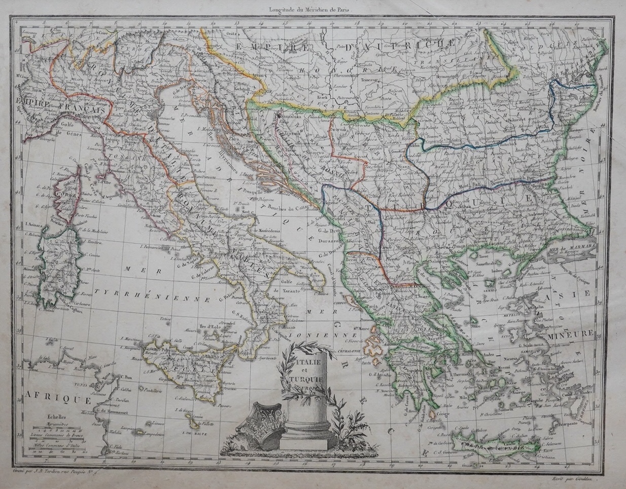 Six 19th century hand coloured maps of the UK and Europe, to include J B Tardeu, ‘Italie and Turquie’, ‘Allemagne’,1812 and ‘Angleterre’, each 24 x 32cm. Condition - fair, one with cracked glass